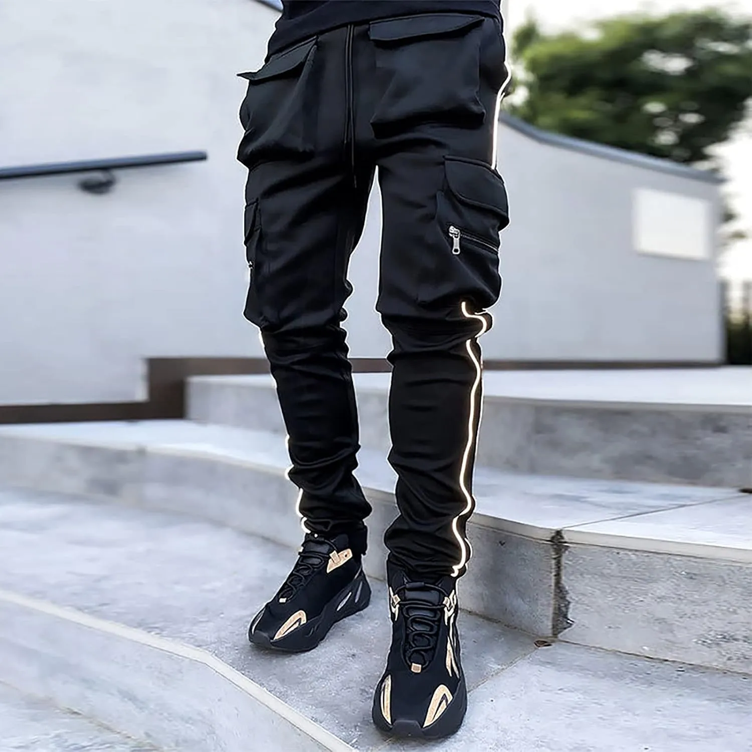 Men's Multi Pocket Cargo Pants Punk Rock Street Harem Pant Reflective Technical Hip Hop Sport Sweatpants