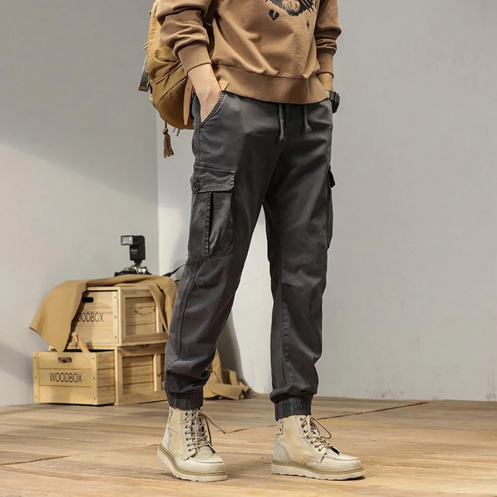 Men's Multi Pockets Cargo Pants Drawstring Cotton Regular Fit Military Pants