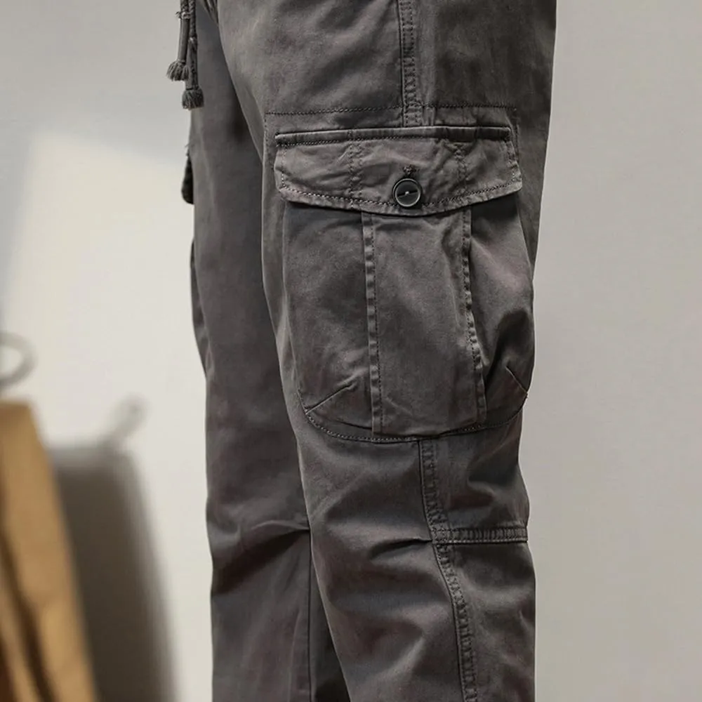 Men's Multi Pockets Cargo Pants Drawstring Cotton Regular Fit Military Pants
