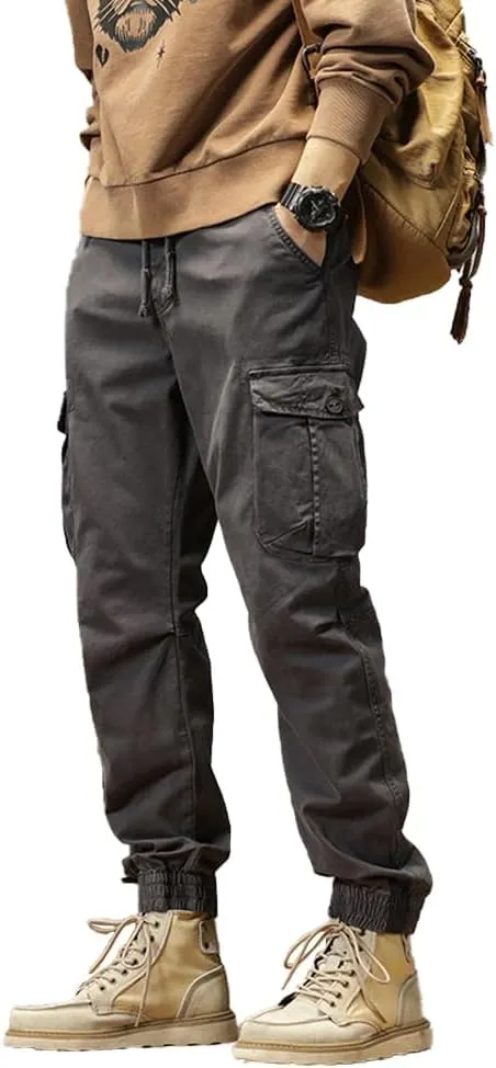 Men's Multi Pockets Cargo Pants Drawstring Cotton Regular Fit Military Pants