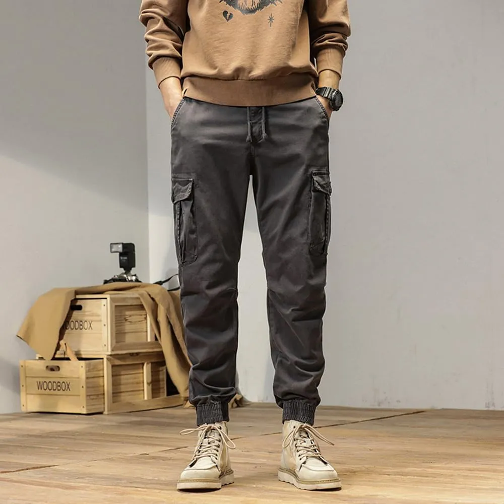 Men's Multi Pockets Cargo Pants Drawstring Cotton Regular Fit Military Pants
