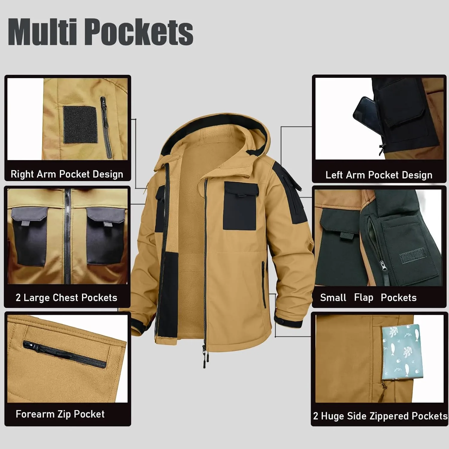 Men's Outdoor Tactical Jacket Softshell Waterproof Lightweight Windbreaker Multi Pockets Hunting Hiking Jackets