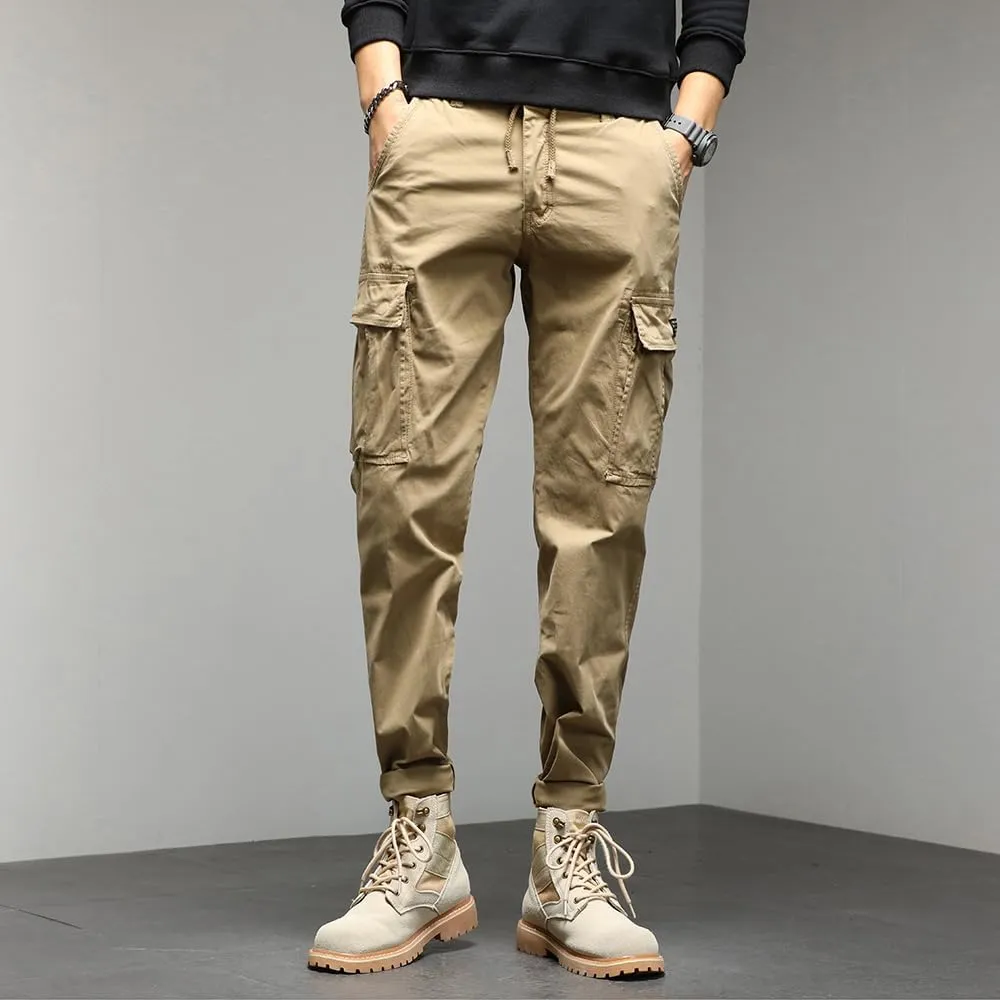 Men's Regular Fit Tactical Cargo Pants Drawstring Cotton Multi Pockets Work Trousers