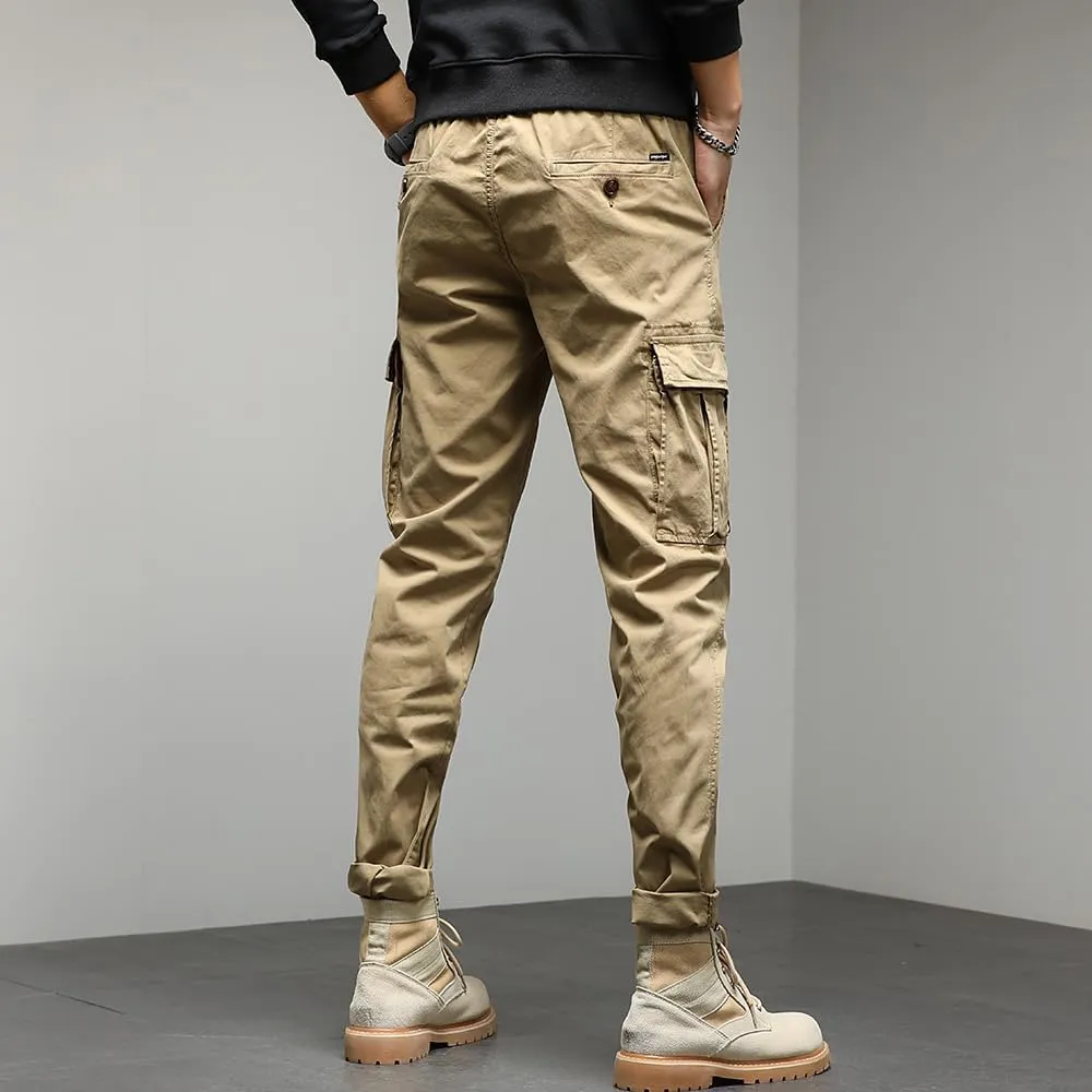 Men's Regular Fit Tactical Cargo Pants Drawstring Cotton Multi Pockets Work Trousers