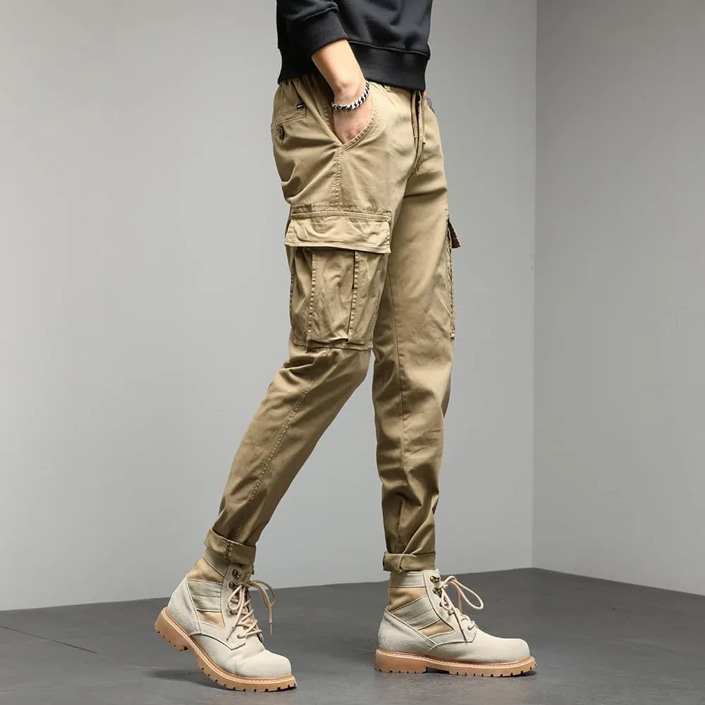 Men's Regular Fit Tactical Cargo Pants Drawstring Cotton Multi Pockets Work Trousers