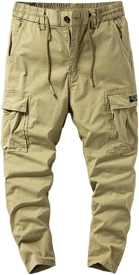 Men's Regular Fit Tactical Cargo Pants Drawstring Cotton Multi Pockets Work Trousers