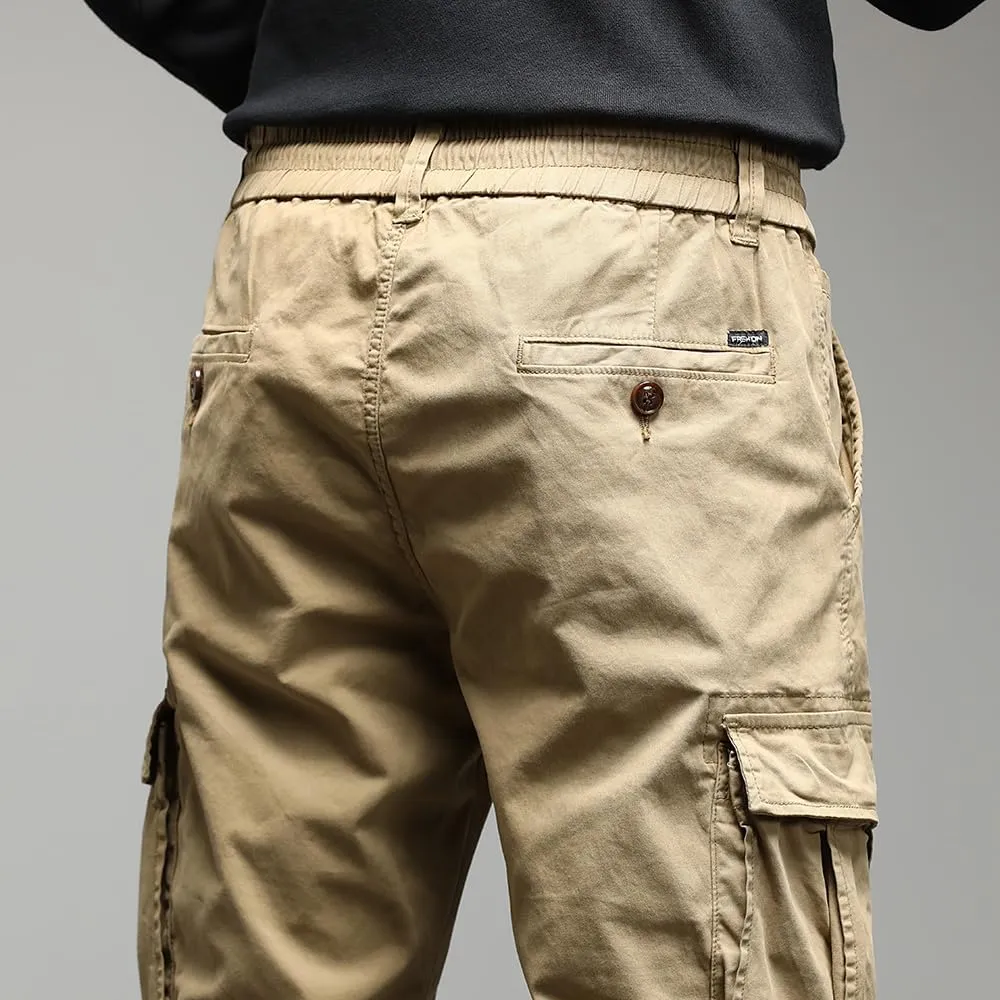 Men's Regular Fit Tactical Cargo Pants Drawstring Cotton Multi Pockets Work Trousers