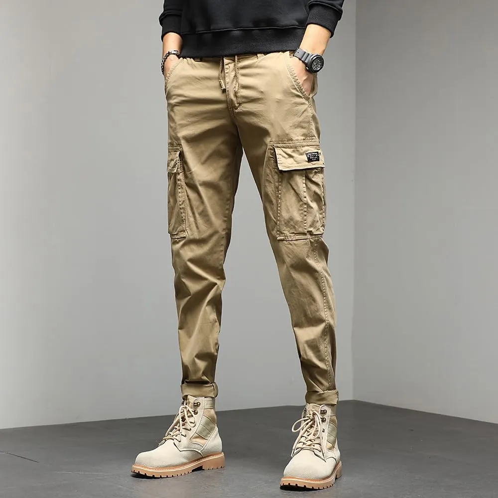 Men's Regular Fit Tactical Cargo Pants Drawstring Cotton Multi Pockets Work Trousers