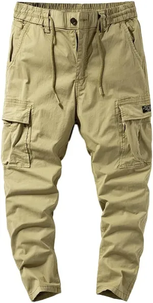 Men's Regular Fit Tactical Cargo Pants Drawstring Cotton Multi Pockets Work Trousers