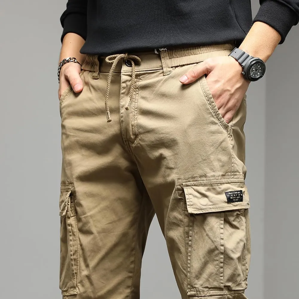 Men's Regular Fit Tactical Cargo Pants Drawstring Cotton Multi Pockets Work Trousers