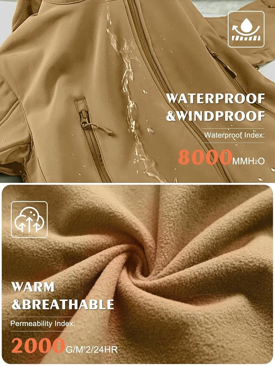 Men's Soft Shell Water-resistant Winter Jacket Fleece Lined 6 Pockets Hooded Tactical Jacket