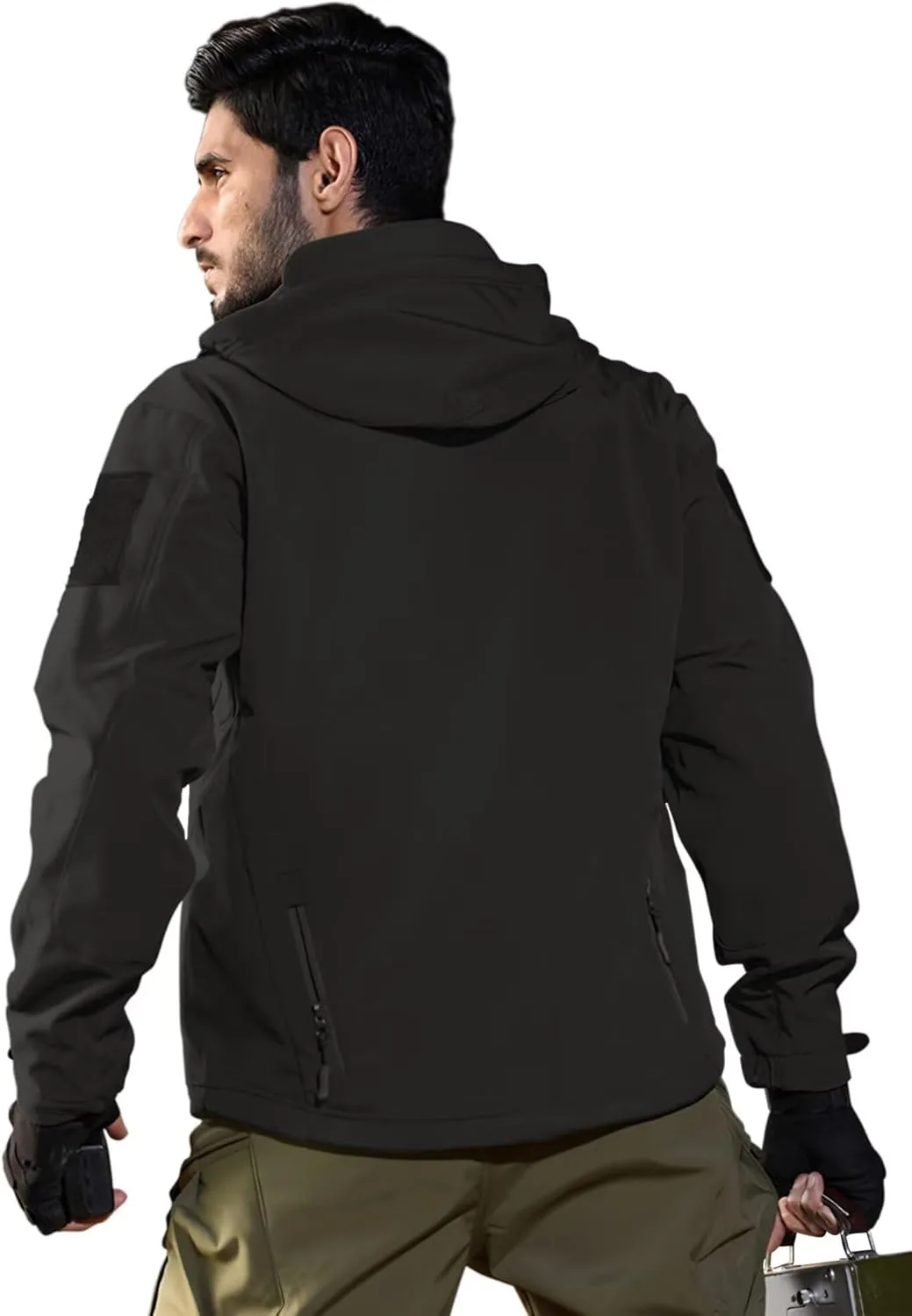 Men's Soft Shell Water-resistant Winter Jacket Fleece Lined 6 Pockets Hooded Tactical Jacket