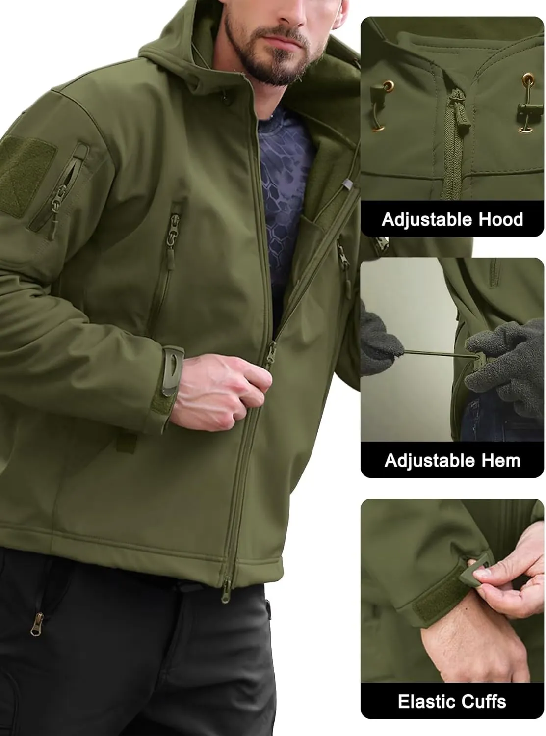 Men's Soft Shell Water-resistant Winter Jacket Fleece Lined 6 Pockets Hooded Tactical Jacket