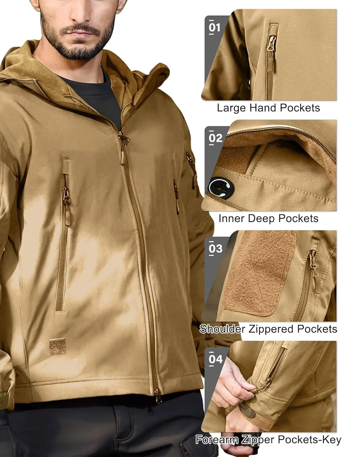 Men's Soft Shell Water-resistant Winter Jacket Fleece Lined 6 Pockets Hooded Tactical Jacket