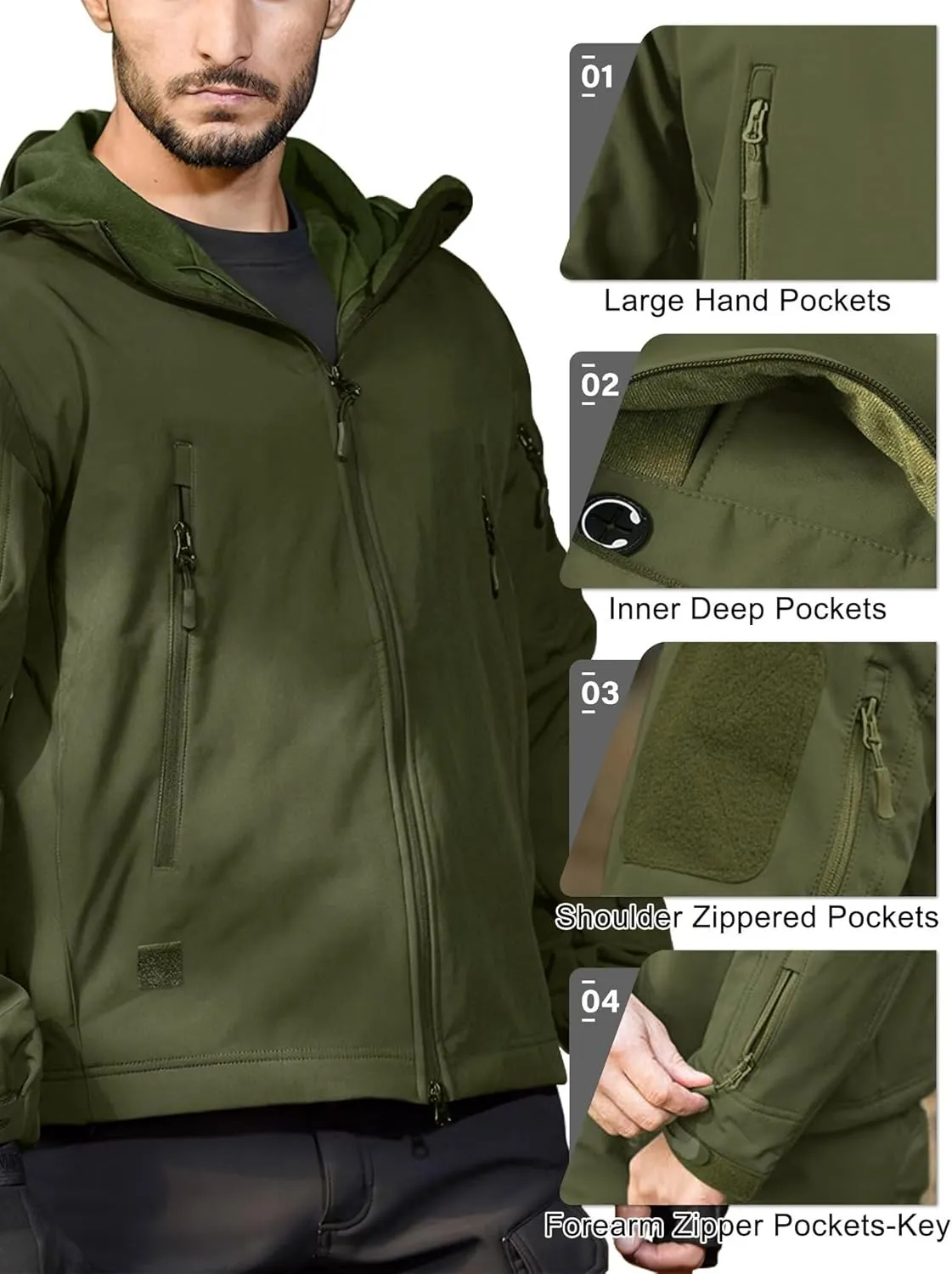 Men's Soft Shell Water-resistant Winter Jacket Fleece Lined 6 Pockets Hooded Tactical Jacket