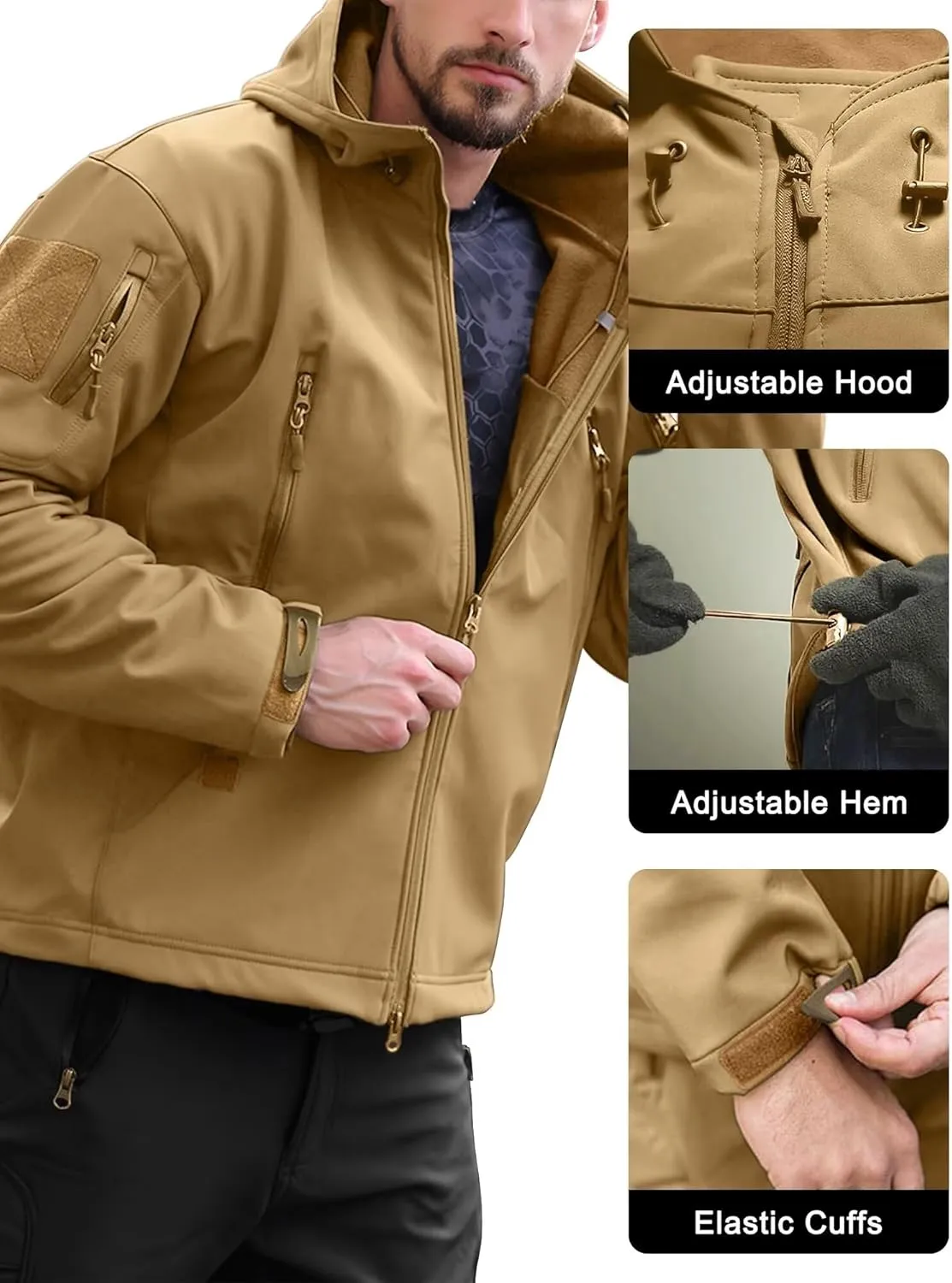 Men's Soft Shell Water-resistant Winter Jacket Fleece Lined 6 Pockets Hooded Tactical Jacket
