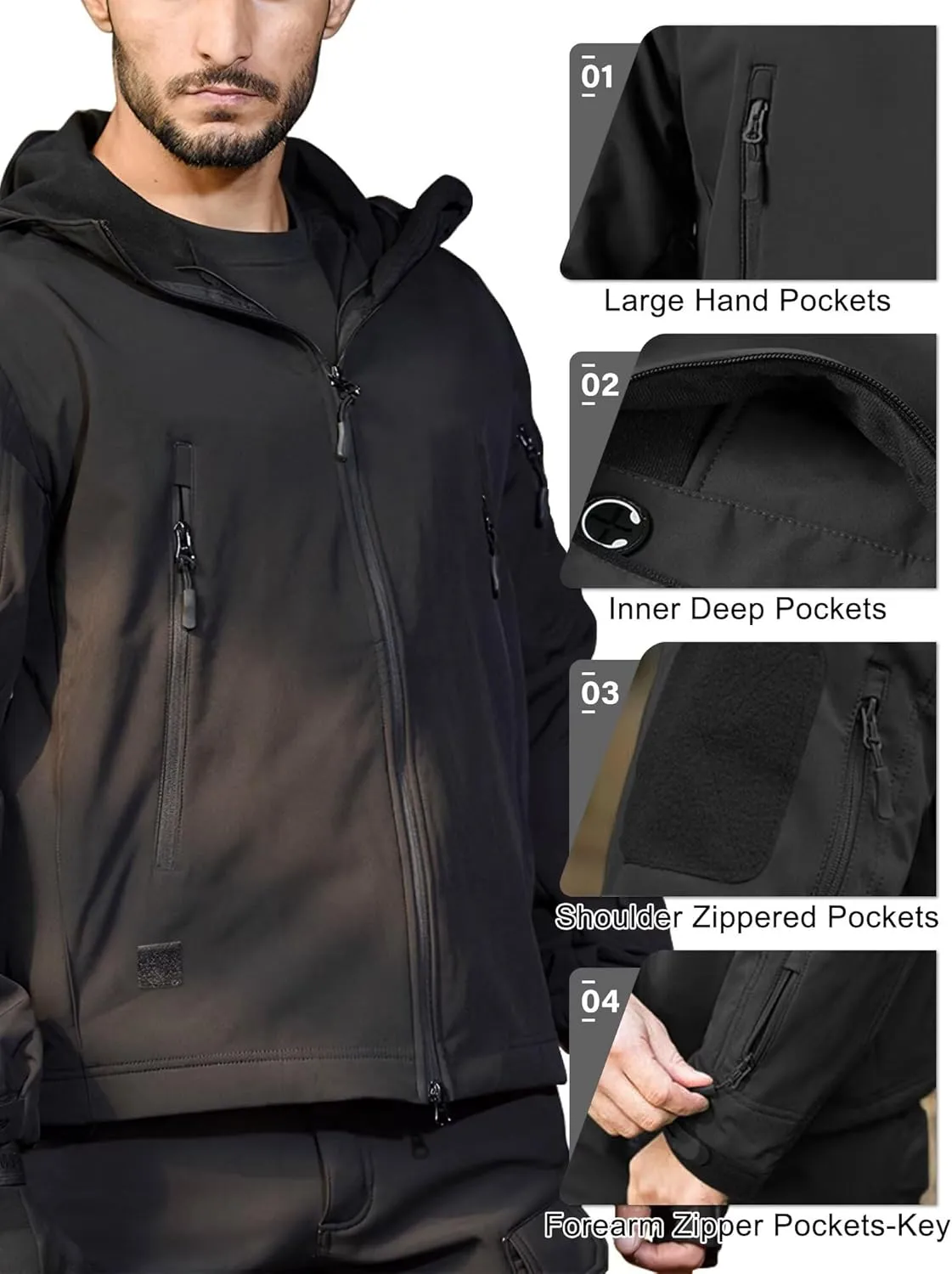 Men's Soft Shell Water-resistant Winter Jacket Fleece Lined 6 Pockets Hooded Tactical Jacket