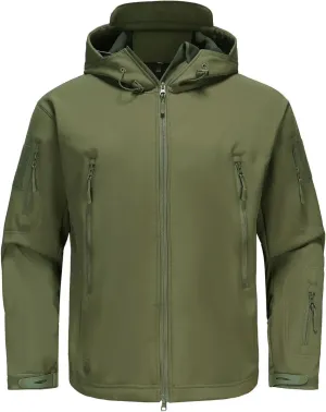 Men's Soft Shell Water-resistant Winter Jacket Fleece Lined 6 Pockets Hooded Tactical Jacket