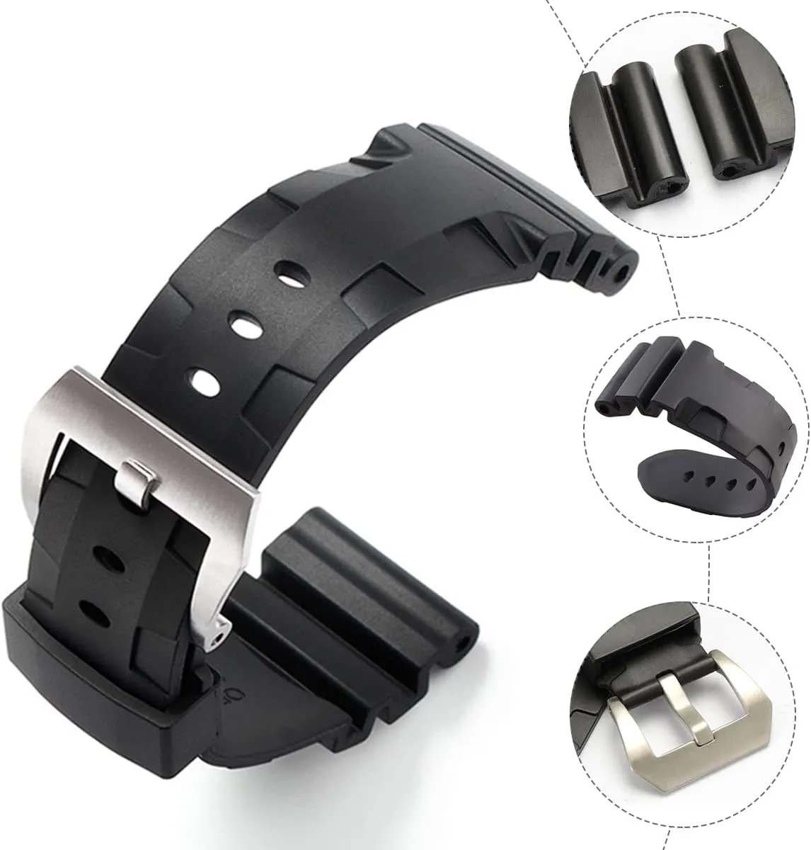 Men's Soft Silicone Watch Band Military Strong Rubber Replacement Watch Strap with Stainless Steel Wide Buckle Waterproof Sport Strap Black 24mm 26mm
