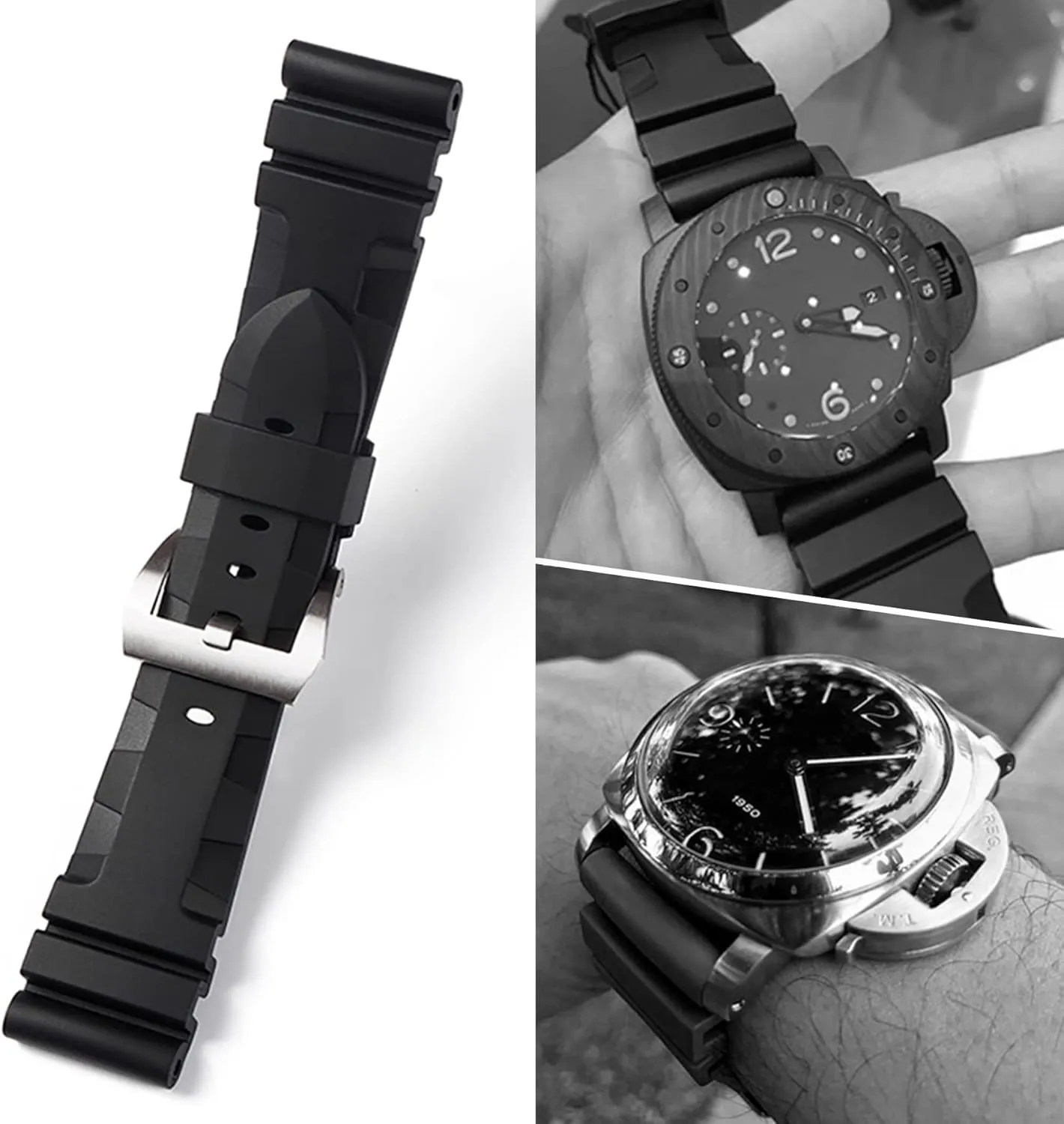 Men's Soft Silicone Watch Band Military Strong Rubber Replacement Watch Strap with Stainless Steel Wide Buckle Waterproof Sport Strap Black 24mm 26mm