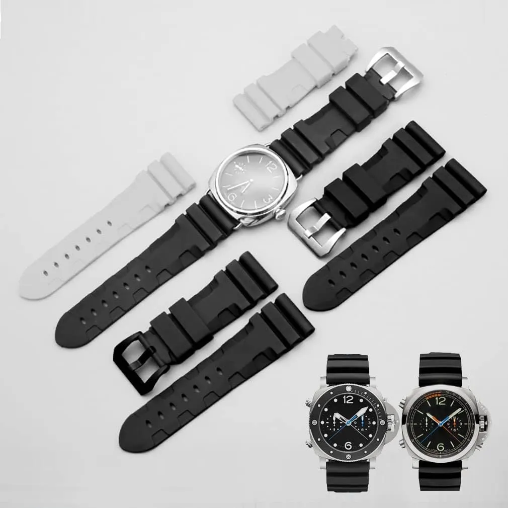 Men's Soft Silicone Watch Band Military Strong Rubber Replacement Watch Strap with Stainless Steel Wide Buckle Waterproof Sport Strap Black 24mm 26mm