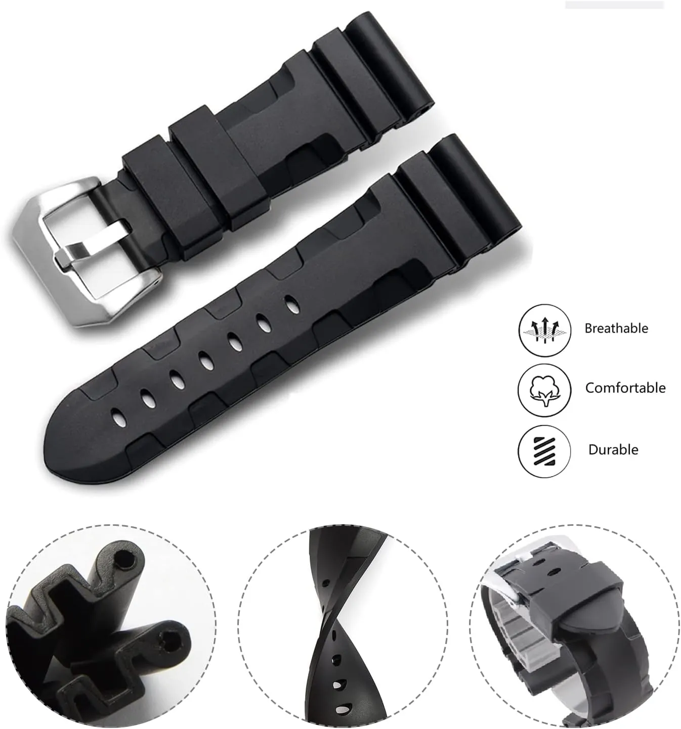 Men's Soft Silicone Watch Band Military Strong Rubber Replacement Watch Strap with Stainless Steel Wide Buckle Waterproof Sport Strap Black 24mm 26mm