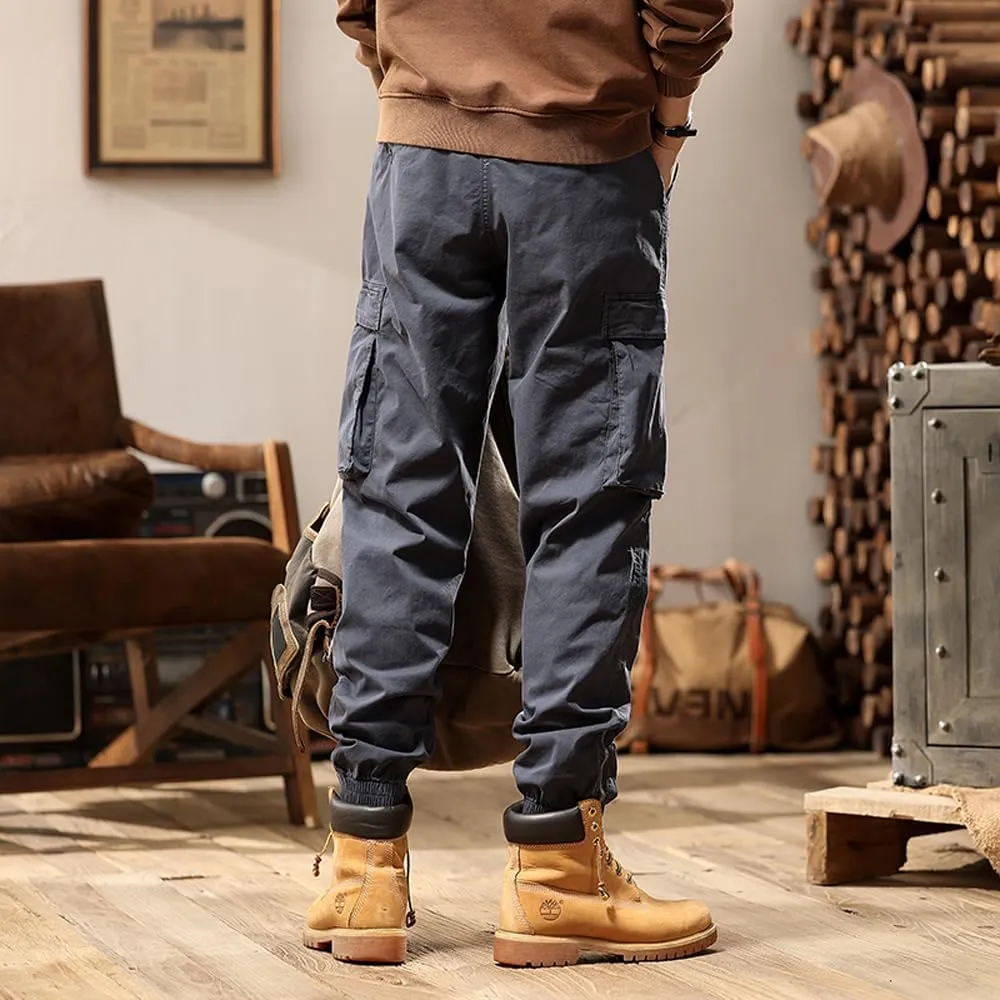 Men's Tactical Cargo Pants Drawstring Cotton Regular Fit Multi Pockets Work Trousers