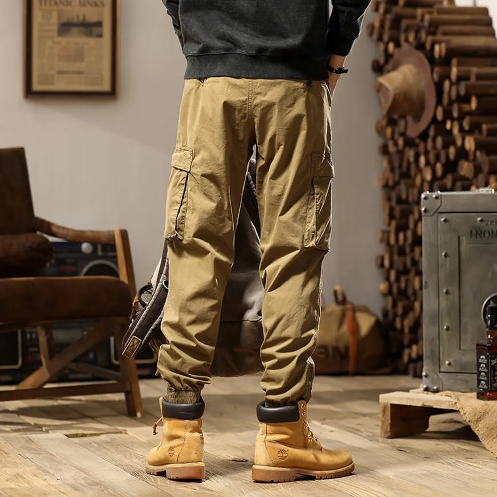 Men's Tactical Cargo Pants Drawstring Cotton Regular Fit Multi Pockets Work Trousers