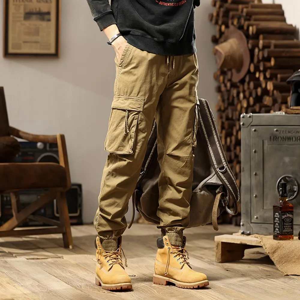 Men's Tactical Cargo Pants Drawstring Cotton Regular Fit Multi Pockets Work Trousers
