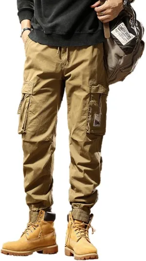 Men's Tactical Cargo Pants Drawstring Cotton Regular Fit Multi Pockets Work Trousers