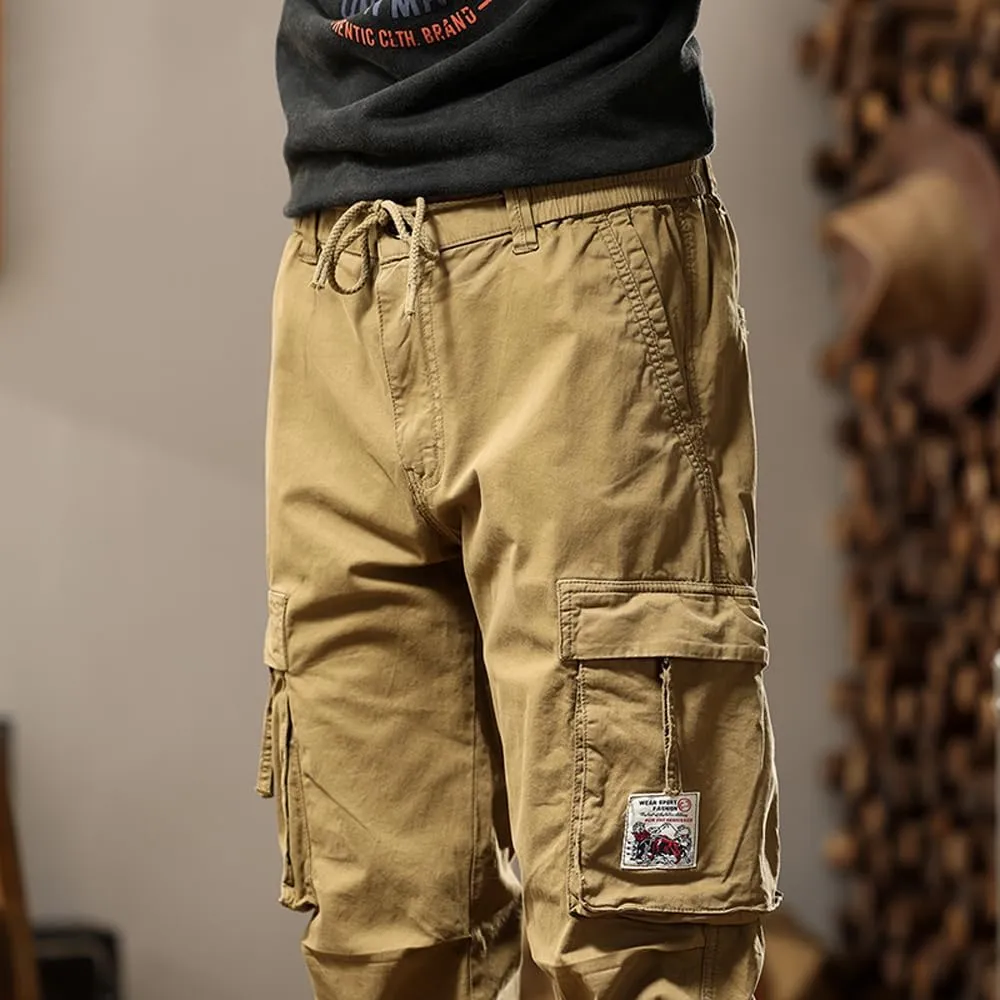 Men's Tactical Cargo Pants Drawstring Cotton Regular Fit Multi Pockets Work Trousers