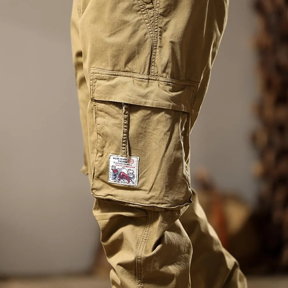 Men's Tactical Cargo Pants Drawstring Cotton Regular Fit Multi Pockets Work Trousers