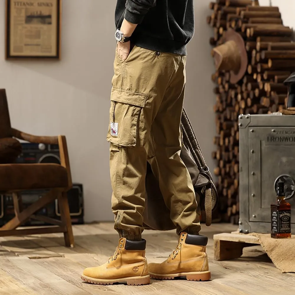 Men's Tactical Cargo Pants Drawstring Cotton Regular Fit Multi Pockets Work Trousers