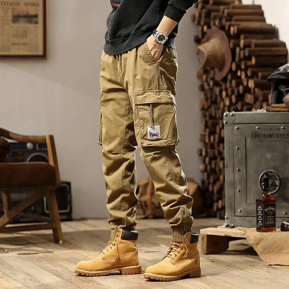 Men's Tactical Cargo Pants Drawstring Cotton Regular Fit Multi Pockets Work Trousers