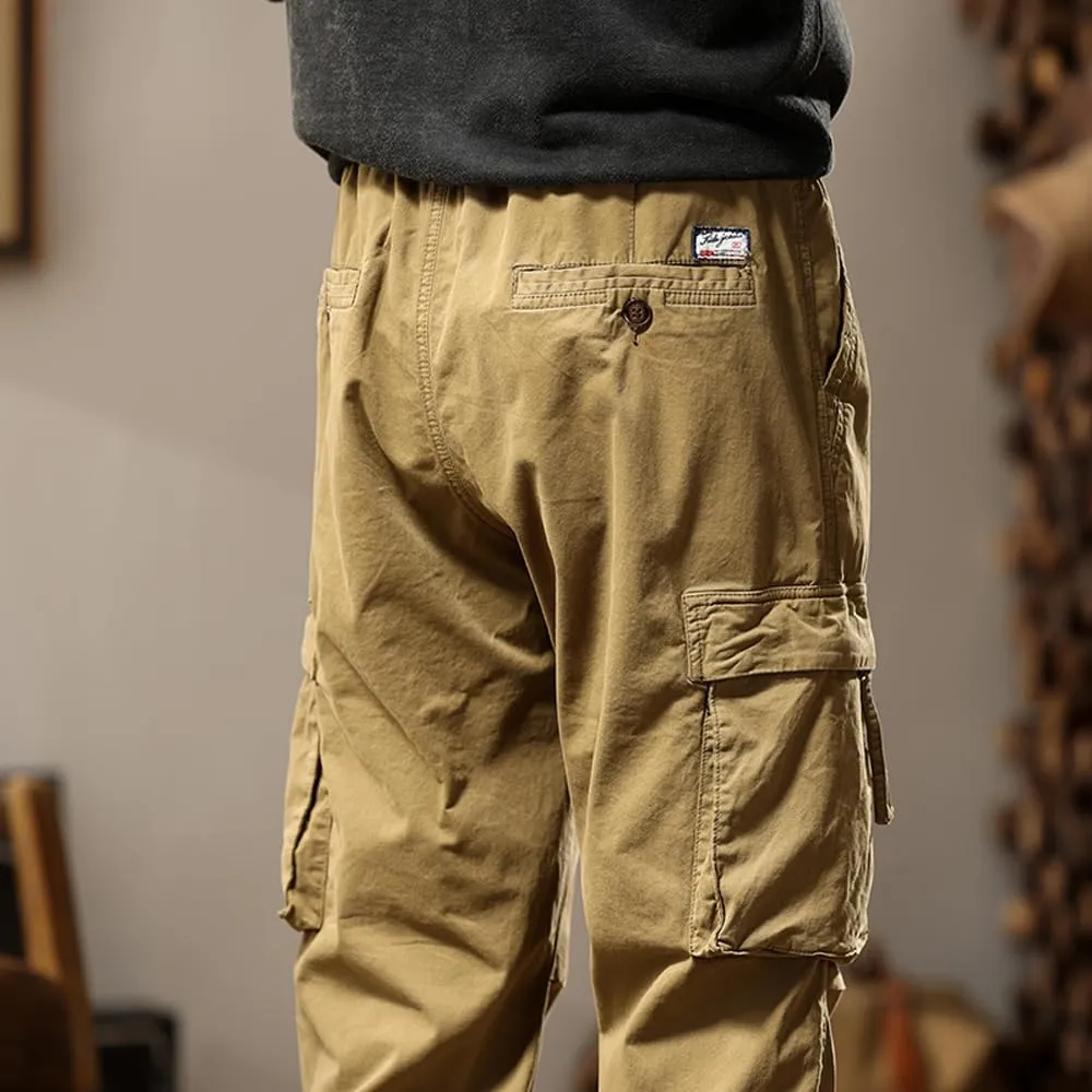 Men's Tactical Cargo Pants Drawstring Cotton Regular Fit Multi Pockets Work Trousers
