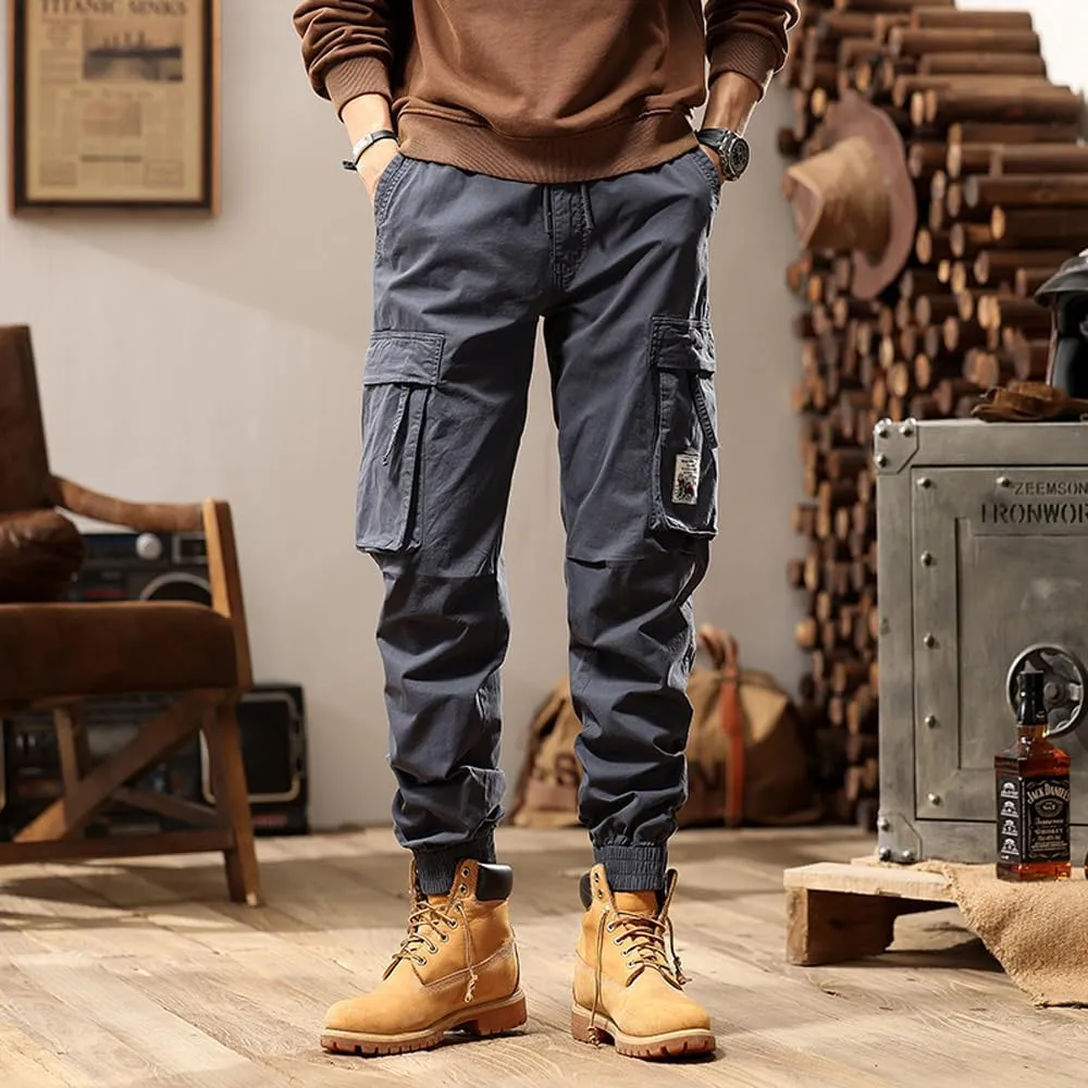 Men's Tactical Cargo Pants Drawstring Cotton Regular Fit Multi Pockets Work Trousers