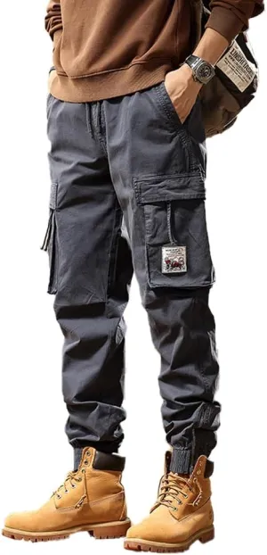 Men's Tactical Cargo Pants Drawstring Cotton Regular Fit Multi Pockets Work Trousers