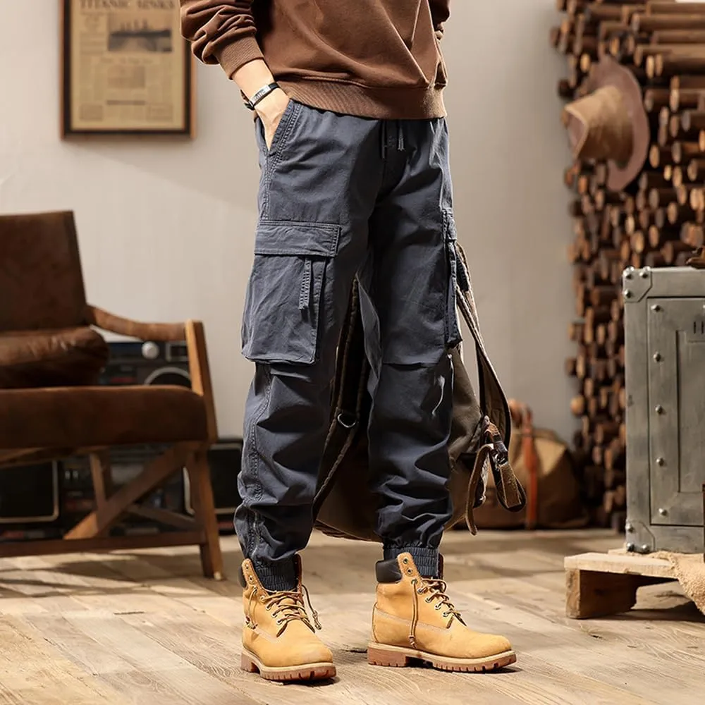 Men's Tactical Cargo Pants Drawstring Cotton Regular Fit Multi Pockets Work Trousers
