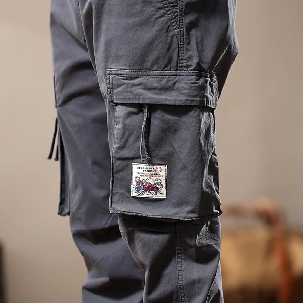 Men's Tactical Cargo Pants Drawstring Cotton Regular Fit Multi Pockets Work Trousers