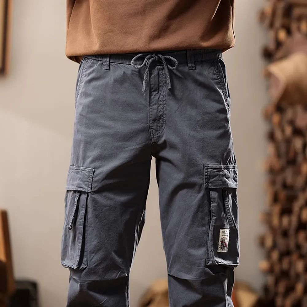 Men's Tactical Cargo Pants Drawstring Cotton Regular Fit Multi Pockets Work Trousers