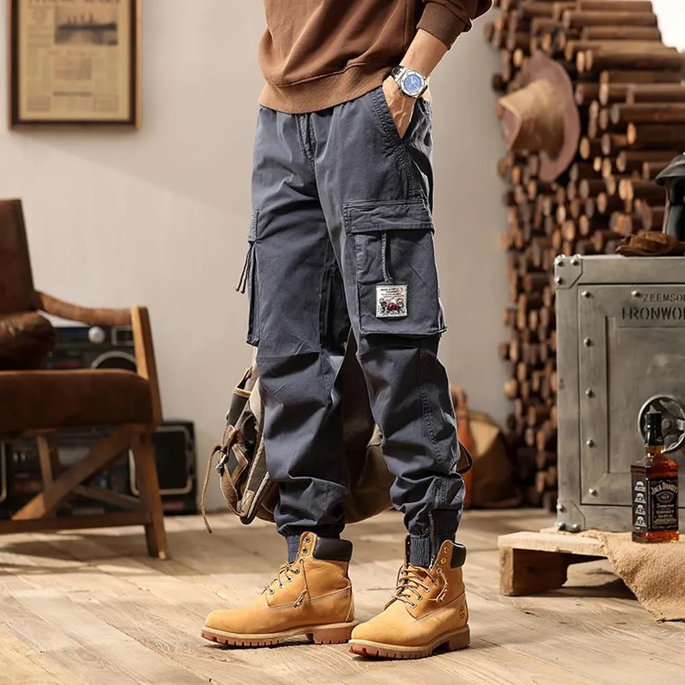 Men's Tactical Cargo Pants Drawstring Cotton Regular Fit Multi Pockets Work Trousers