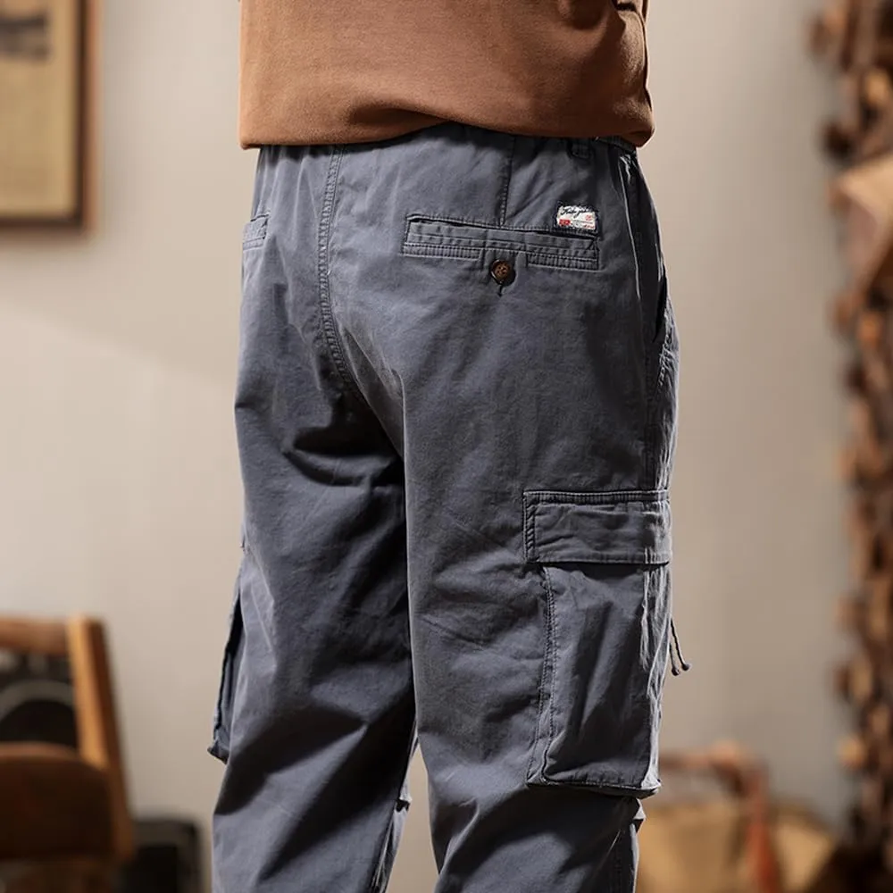 Men's Tactical Cargo Pants Drawstring Cotton Regular Fit Multi Pockets Work Trousers