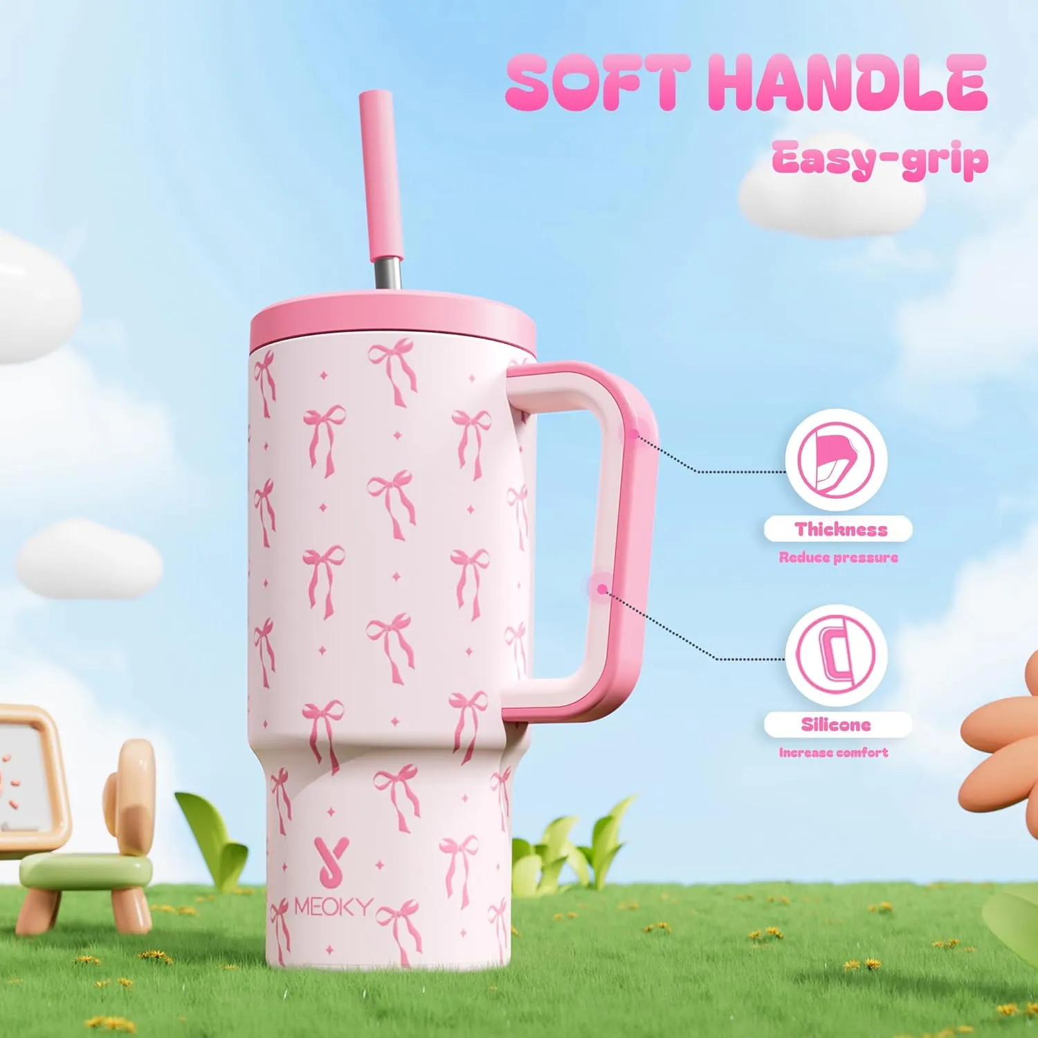 Meoky 24 oz Kids Tumbler with Handle: Insulated Tumbler with Lid and Straw - Keeps Cold for 24 hours - Stainless Steel Leakproof Tumbler BPA-Free for Travel Car Cupholders - Girls Daughter, Bow