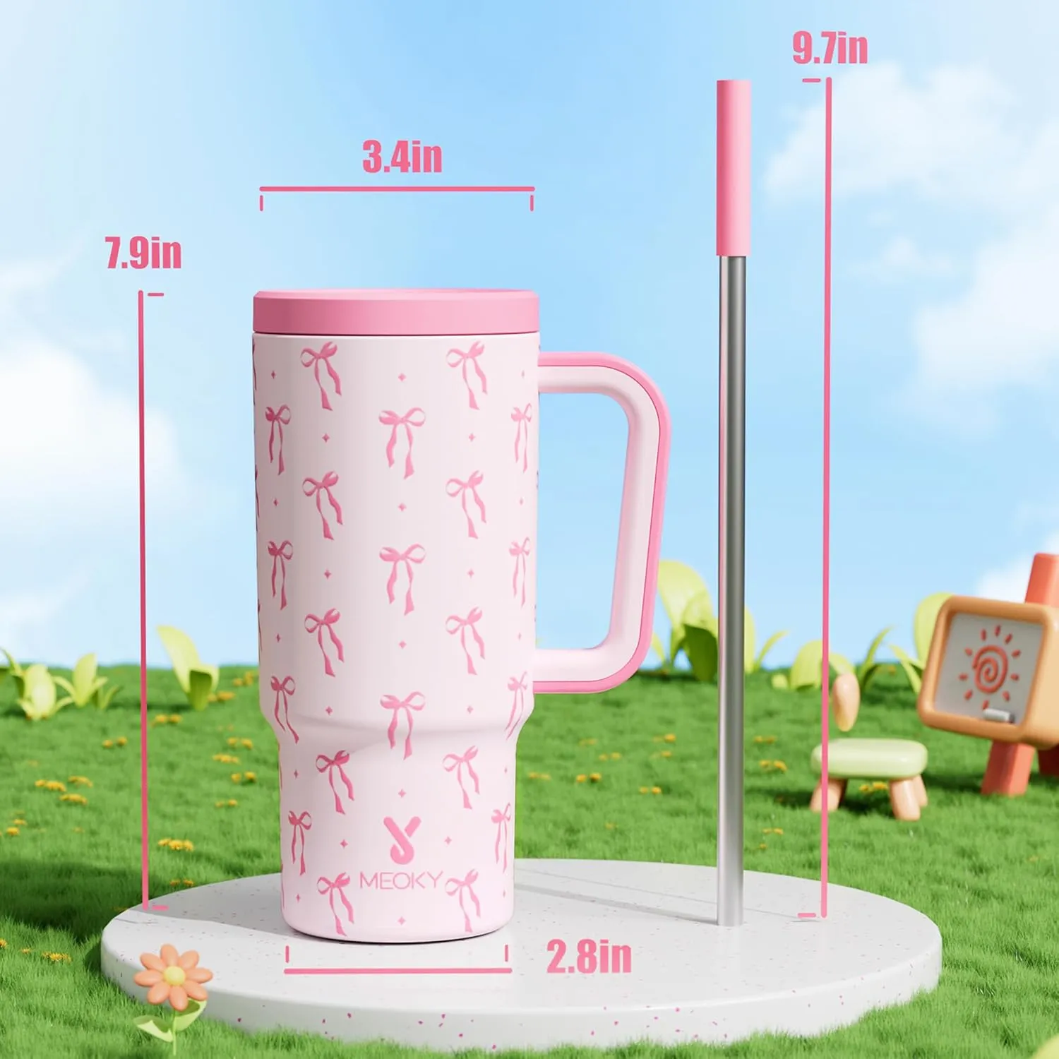 Meoky 24 oz Kids Tumbler with Handle: Insulated Tumbler with Lid and Straw - Keeps Cold for 24 hours - Stainless Steel Leakproof Tumbler BPA-Free for Travel Car Cupholders - Girls Daughter, Bow