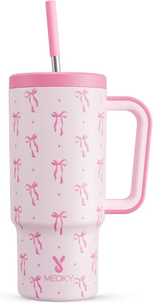 Meoky 24 oz Kids Tumbler with Handle: Insulated Tumbler with Lid and Straw - Keeps Cold for 24 hours - Stainless Steel Leakproof Tumbler BPA-Free for Travel Car Cupholders - Girls Daughter, Bow