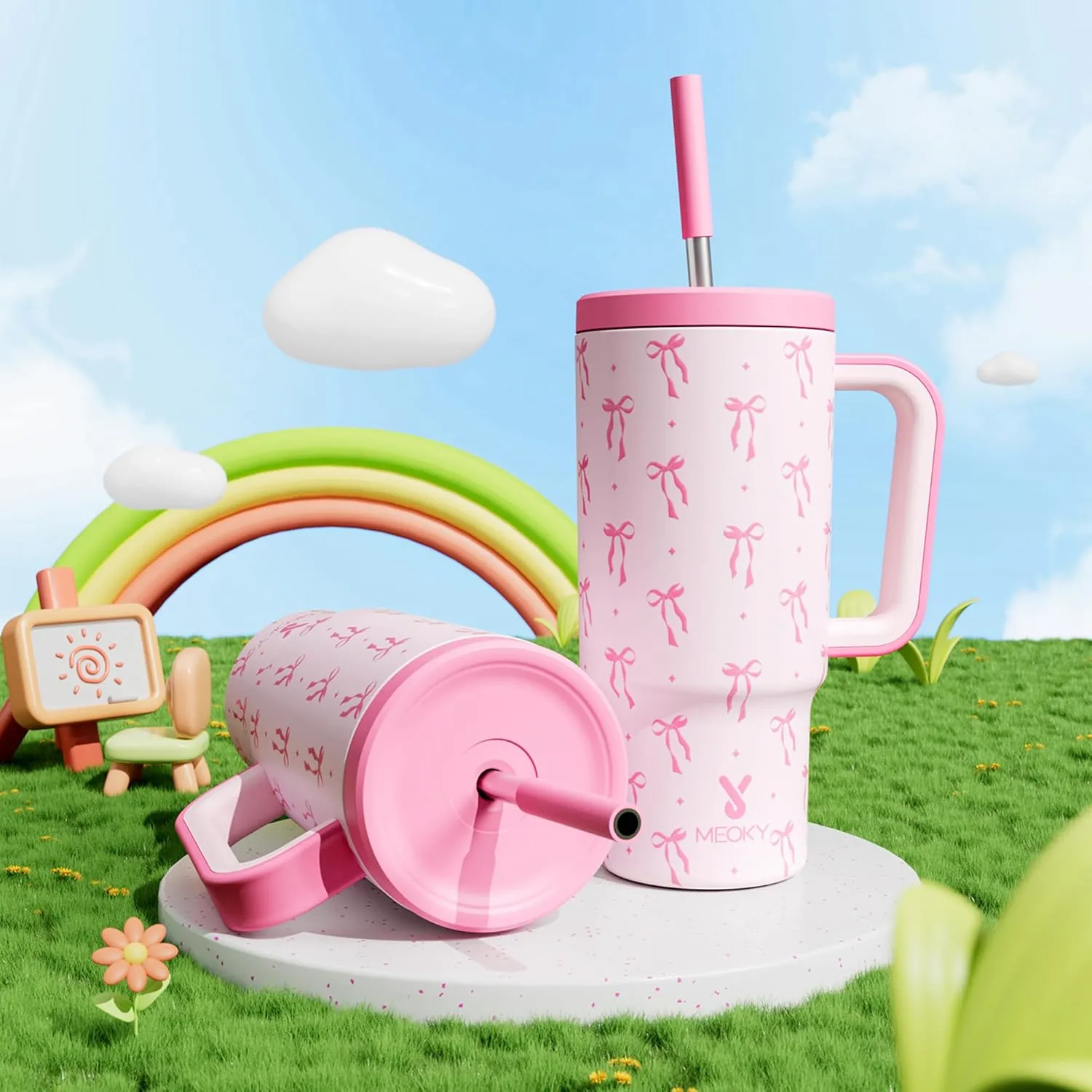 Meoky 24 oz Kids Tumbler with Handle: Insulated Tumbler with Lid and Straw - Keeps Cold for 24 hours - Stainless Steel Leakproof Tumbler BPA-Free for Travel Car Cupholders - Girls Daughter, Bow
