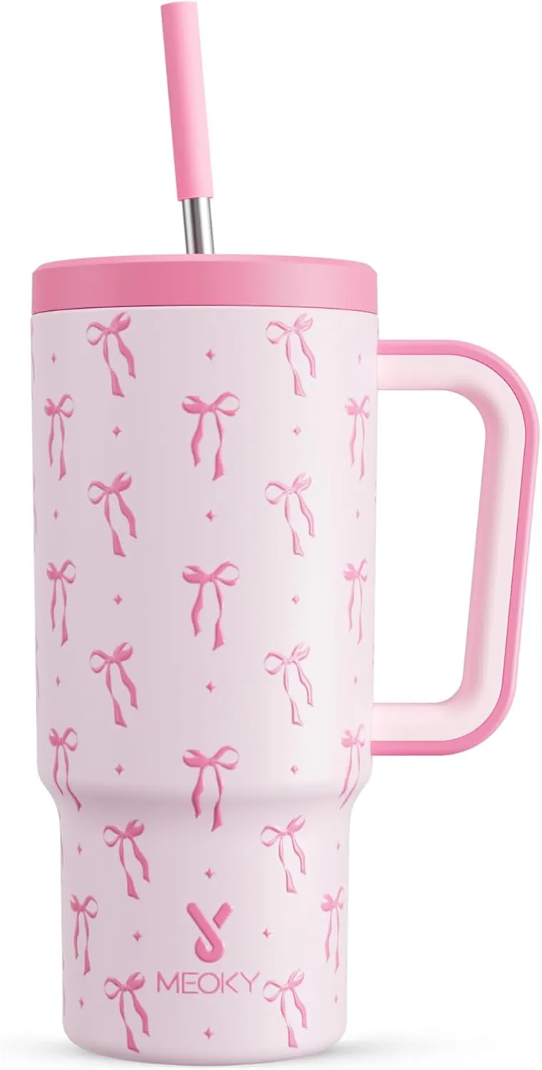 Meoky 24 oz Kids Tumbler with Handle: Insulated Tumbler with Lid and Straw - Keeps Cold for 24 hours - Stainless Steel Leakproof Tumbler BPA-Free for Travel Car Cupholders - Girls Daughter, Bow