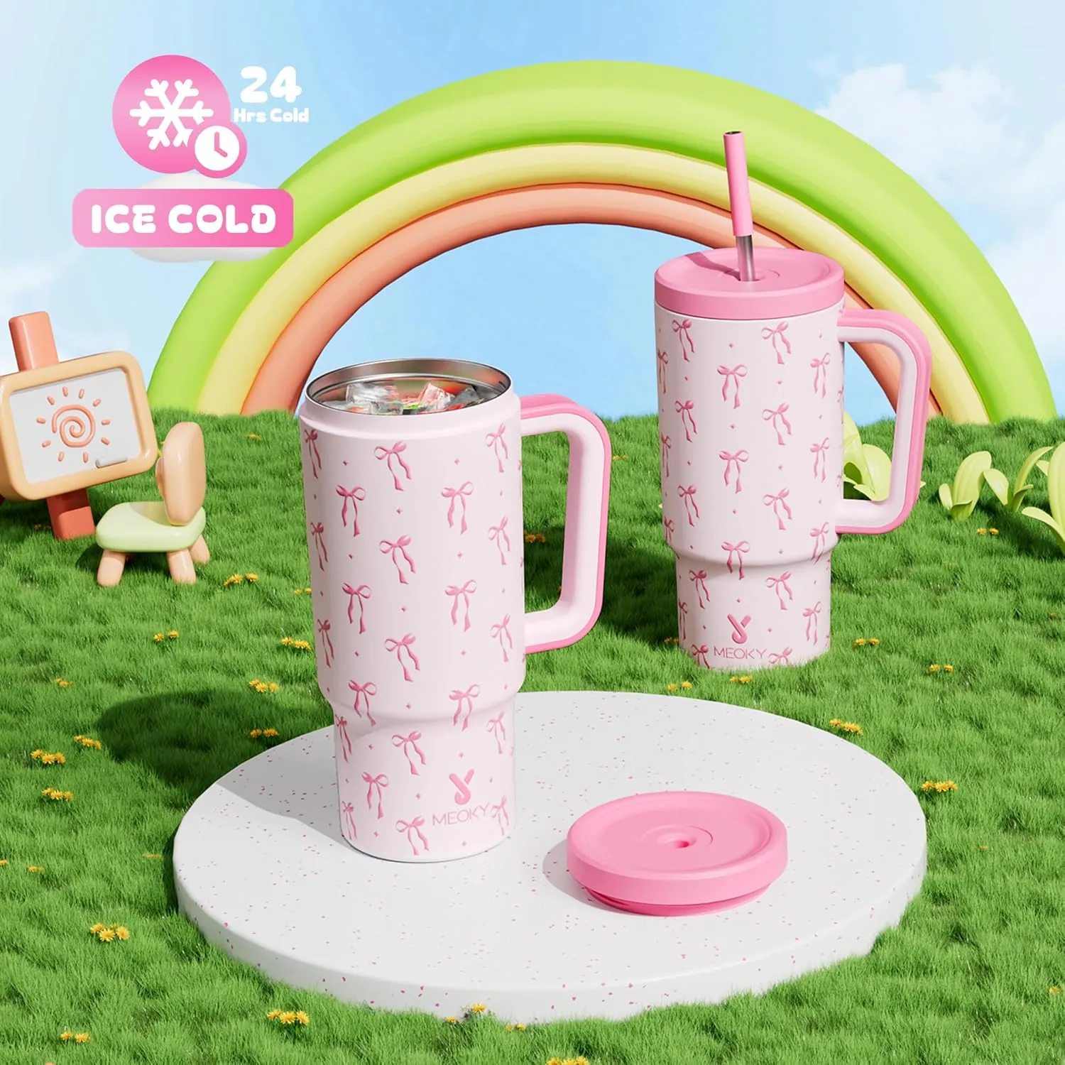 Meoky 24 oz Kids Tumbler with Handle: Insulated Tumbler with Lid and Straw - Keeps Cold for 24 hours - Stainless Steel Leakproof Tumbler BPA-Free for Travel Car Cupholders - Girls Daughter, Bow