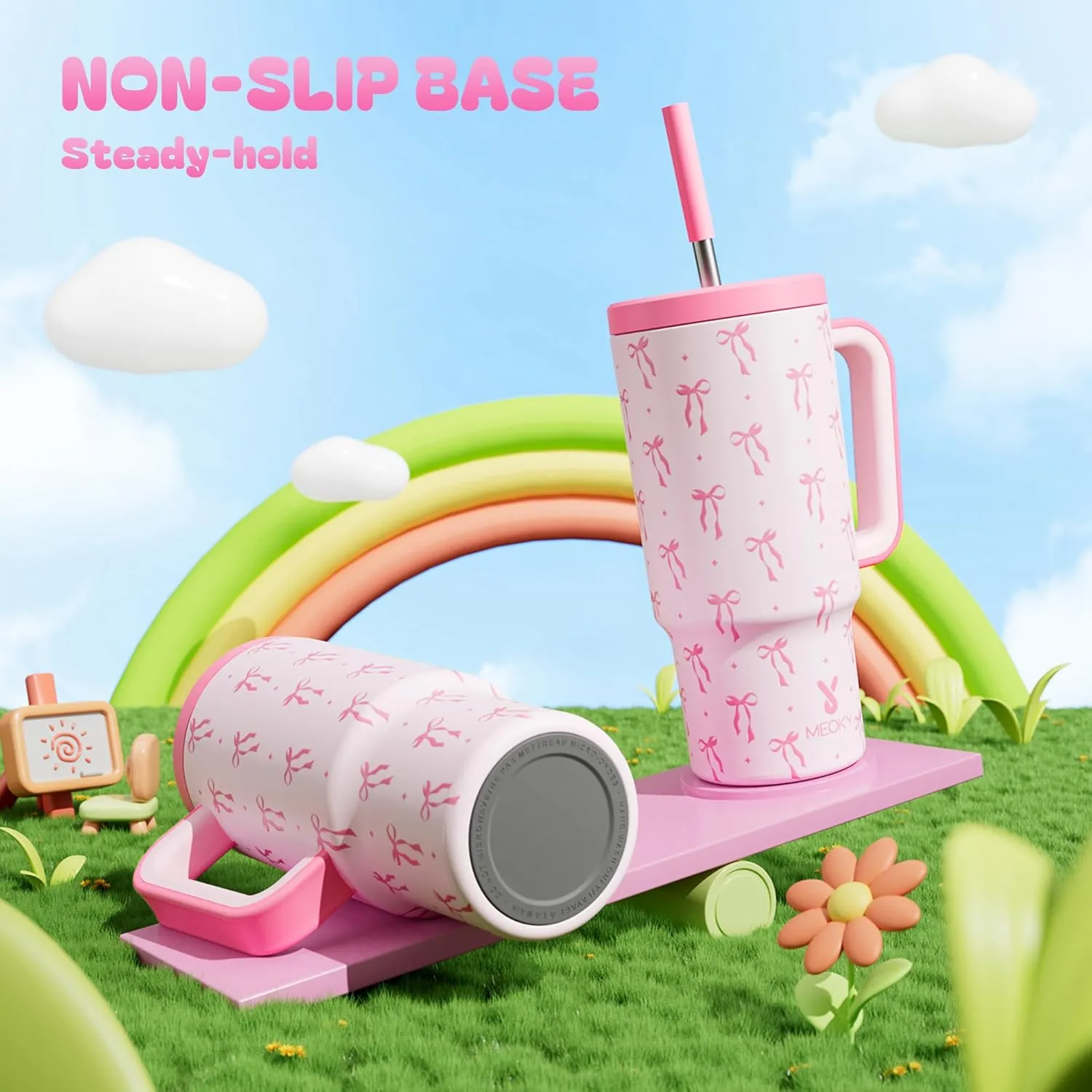 Meoky 24 oz Kids Tumbler with Handle: Insulated Tumbler with Lid and Straw - Keeps Cold for 24 hours - Stainless Steel Leakproof Tumbler BPA-Free for Travel Car Cupholders - Girls Daughter, Bow