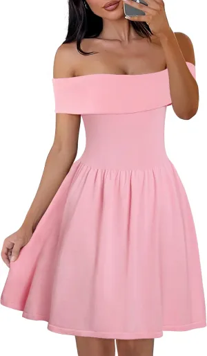 MEROKEETY Women's Summer Off Shoulder Mini Dresses 2025 Ruffle A Line Cocktail Party Knit Dress